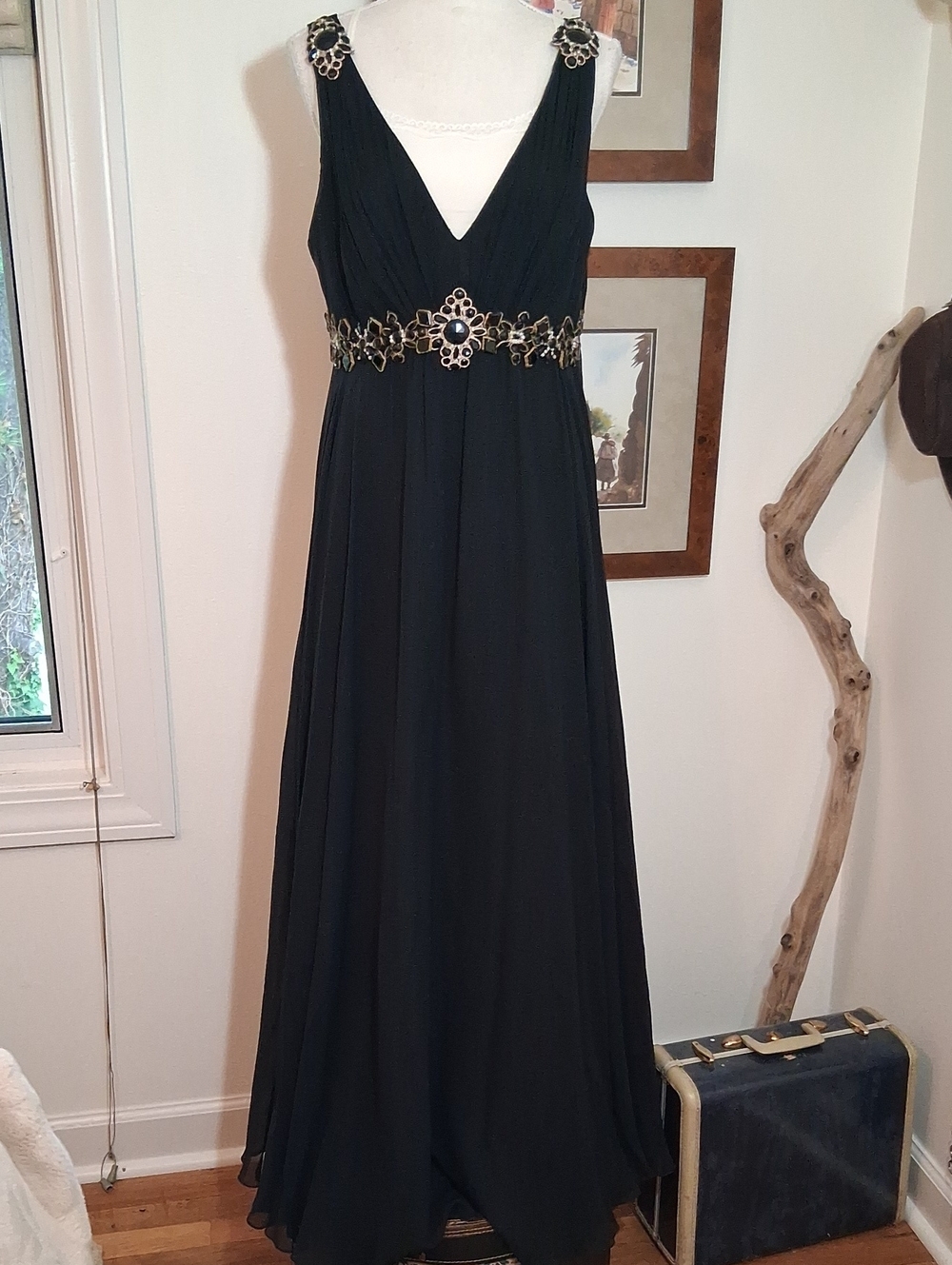 Marchesa Notte Silk Chiffon Black Maxi Dress with Gold And Black Embellishments